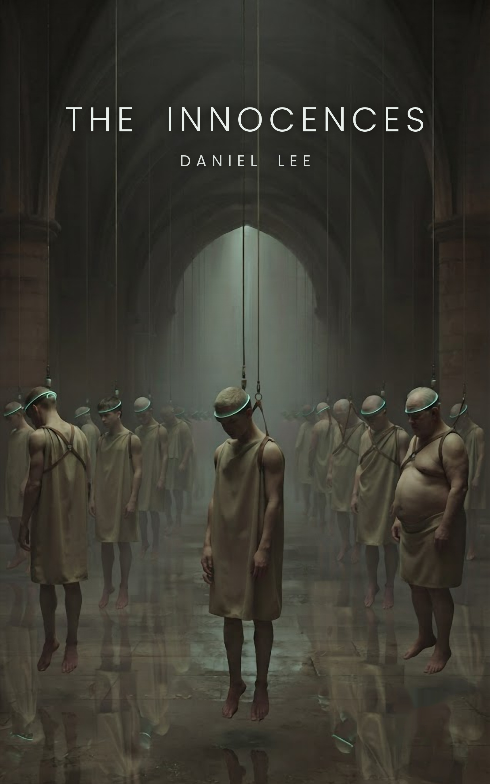 Cover of The Innocences: a cracked porcelain face wired to a machine, a rabbit sealed in a green vial, a ruined city glowing beneath a digital sphere.